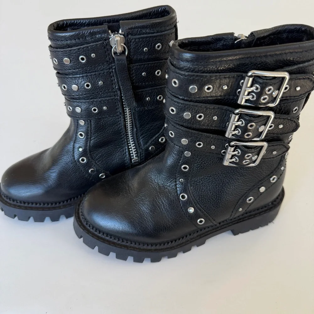 Zara Girls Studded Moto Combat Boots Black Silver Buckle Boots 10.5